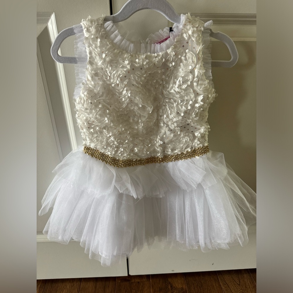 BNWT Le Pink Rosette Tulle Dress size 4 white/gold toddler